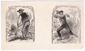 [man raking, man chopping tree]